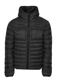 Chaqueta acolchada negra con capucha, que presenta un cierre frontal, dos bolsillos en el pecho y un diseño texturizado y acolchado. Acabado de tela suave.