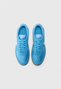 Lysblå sneakers med et tekstiloverdel, hvid Nike swoosh og brun gummiydersål. Snørebåndene er trukket gennem øjerne foran.