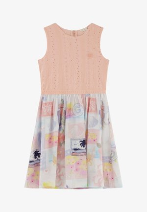 Roze mouwloze jurk; getextureerde lijfje met gaatjesdetails, geplooide rok met een kleurrijke ansichtkaartprint met bloemenpatronen. Ritssluiting aan de achterkant.