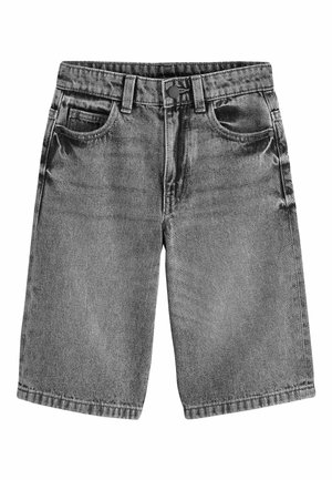 Gray denim shorts with a straight cut, featuring front pockets, belt loops, and a button closure. The fabric has a subtle texture.