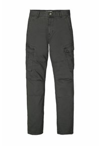 Dark gray cargo pants, cotton material, straight leg design, four large pockets, stitch detailing, and button closure at the waist.