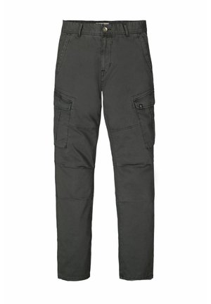 Dark gray cargo pants, cotton material, straight leg design, four large pockets, stitch detailing, and button closure at the waist.