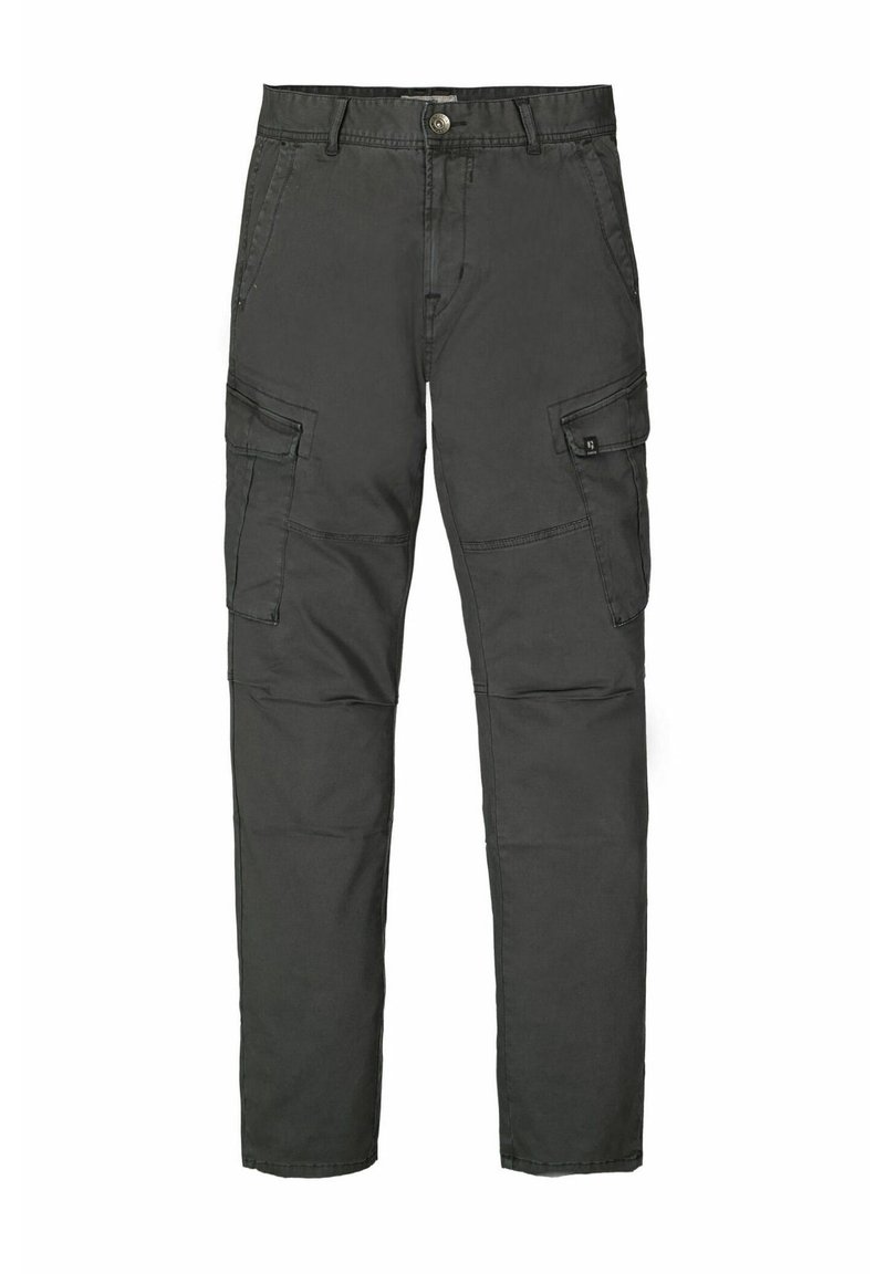 Dark gray cargo pants, cotton material, straight leg design, four large pockets, stitch detailing, and button closure at the waist.
