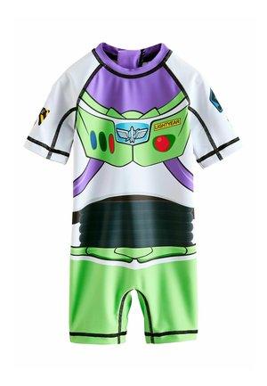Laste lühikeste varrukatega ujumisriided, mis on disainitud Buzz Lightyeari kosmosesukeldumise ülikonna värvide ja detailidega filmist Toy Story.