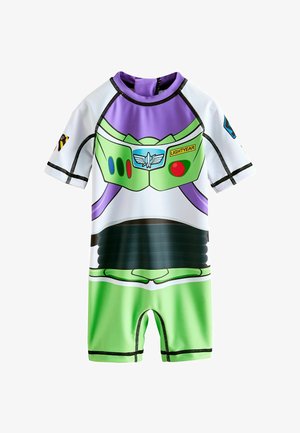 Kostium kąpielowy dla dzieci z krótkim rękawem, zaprojektowany z kolorami i detalami skafandra kosmicznego Buzza Astrala z filmu Toy Story.