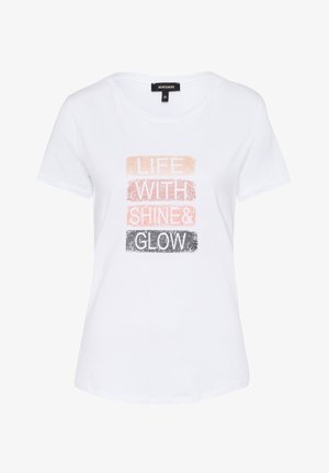 Biała bawełniana koszulka z krótkim rękawem, z nadrukiem tekstu „LIFE WITH SHINE & GLOW” w różnych kolorach.