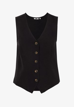 Black sleeveless vest with a V-neck, textured fabric, and five large brown buttons down the front, featuring a tailored cut and asymmetric hem.