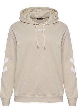 Lichtbeige hoodie met een kangoeroezak, verstelbare capuchon en wit logo op de borst. Voorzien van witte chevronstrepen op de mouwen.