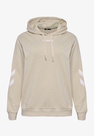 Sweat à capuche beige clair avec une poche kangourou, une capuche à cordons et un logo blanc sur la poitrine. Comprend des bandes blanches en chevron sur les manches.