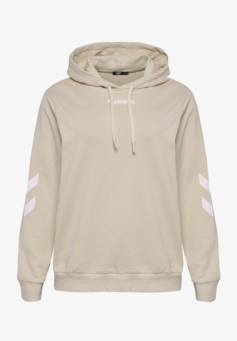 Lichtbeige hoodie met een kangoeroezak, verstelbare capuchon en wit logo op de borst. Voorzien van witte chevronstrepen op de mouwen.