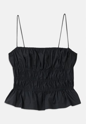 Haut court noir avec fronces élastiques sur toute la surface, fines bretelles réglables et ourlet volanté ; fabriqué à partir d'un textile lisse.