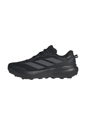 Zapatilla de trail running Adidas Terrex negra con rayas grises, suela acolchada, etiqueta Gore-Tex y suela resistente para uso exterior.