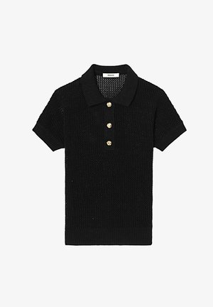 Polo noir à manches courtes en maille avec motif texturé et trois boutons dorés sur la patte de boutonnage, col et poignets côtelés.