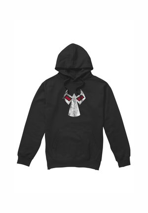 Black hooded sweatshirt with a front kangaroo pocket and a white stylized skull graphic with red eyes on the chest.