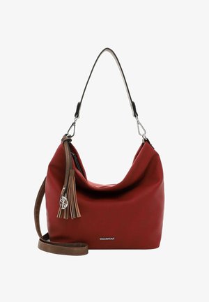 Sarkans mīksts ādas plecu soma ar brūnu noņemamu siksniņu, pušķa rāvējslēdzēja vilkšanu un sudraba logotipa piekariņu, ar uzrakstu "EMILY & NOAH."