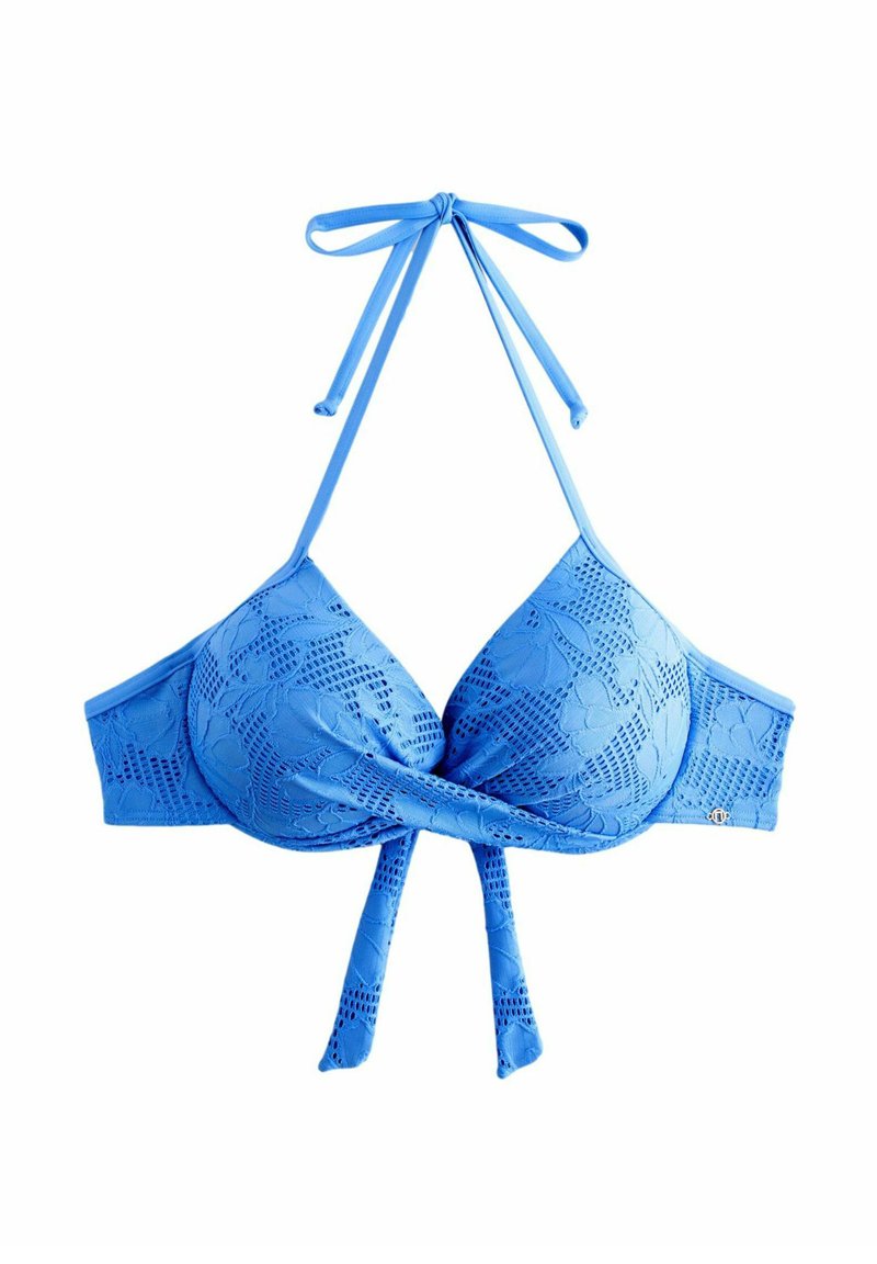 Blå spetsbikinitopp med ett texturerat blommönster, knytband och en omslagdesign. Materialet verkar glatt och elastiskt.