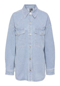Ljust blå, randig denimskjortjacka med två bröstfickor, silverfärgad knäppning och strukturerad krage. Avslappnad design med långa ärmar.