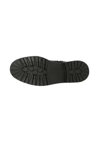 Semelle de chaussure en caoutchouc noire avec un motif profond, formes d’adhérence hexagonales et rectangulaires, vue de dessous sur fond blanc.