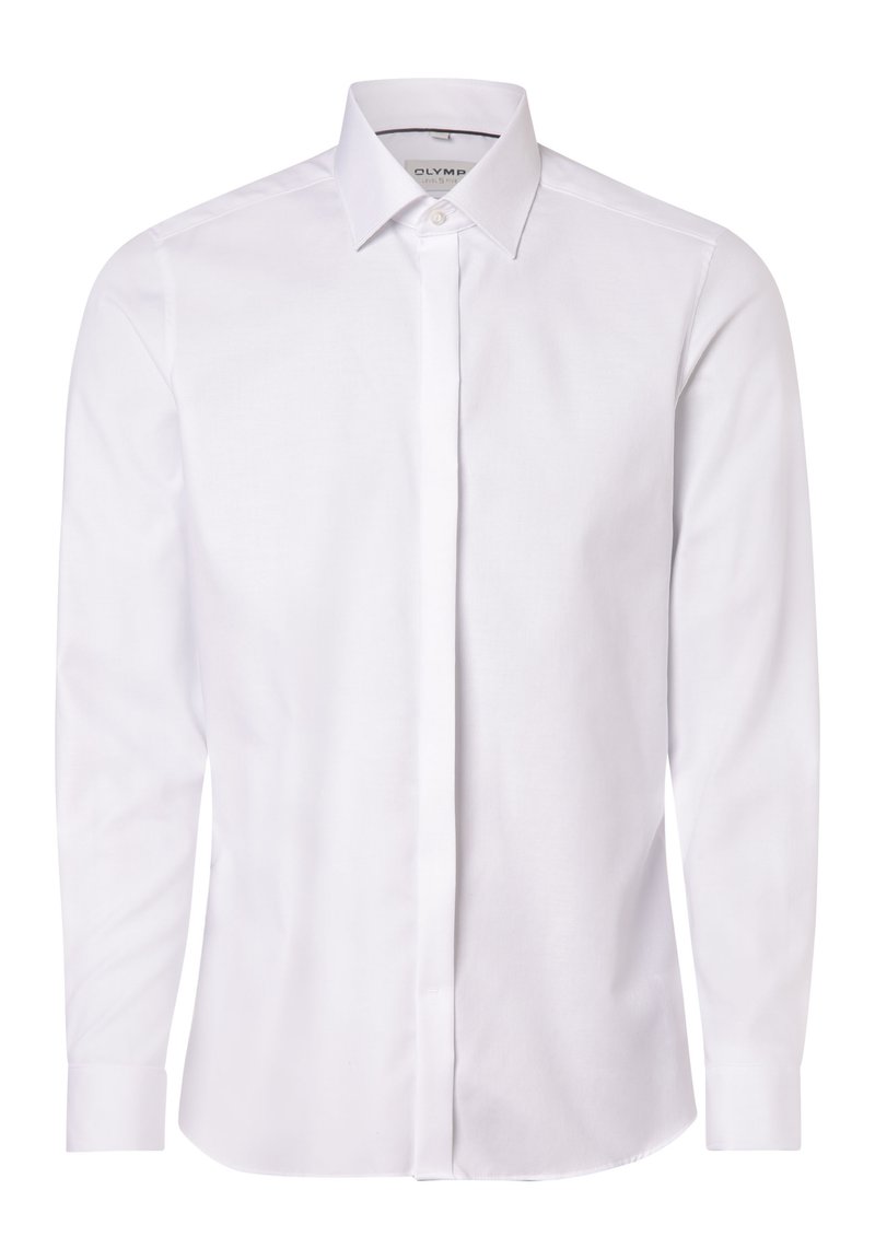 Camicia bianca a maniche lunghe realizzata in tessuto liscio, con colletto classico, chiusura a bottoni e orlo curvo con polsini abbottonati.