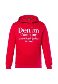 Sudadera roja con bolsillo canguro, capucha con cordones y texto blanco: "Denim Company, Mount Royal Quebec, Est. 2007." Material de algodón.