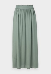 Gonna lunga in morbido tessuto verde con vita elasticizzata, caratterizzata da un design ampio e arricciato per comfort e fluidità. Tessuto liscio e privo di motivi visibili.