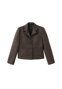 Blazer de lana marrón con cuello, que presenta cuatro bolsillos frontales y botones negros. Forma estructurada con mangas largas y ajuste entallado.