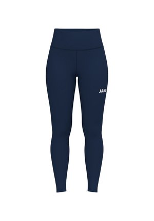 Tmavě modré sportovní legíny s vysokým pasem a bílým logem JAKO na pravém stehnu.