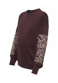 Dark purple sweatshirt with round neck and floral white vine patterns printed on both sleeves.