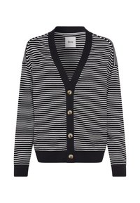Schwarz-weiß gestreifter Cardigan mit V-Ausschnitt, Knopfverschluss und gerippten Bündchen und Saum, der fünf runde Knöpfe auf der Vorderseite hat.