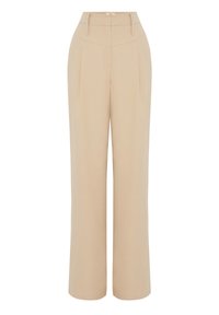 Beige wijde broek met hoge taille, voorzien van voorplooien en riemlussen. Glad stof met een op maat gemaakte, rechte snit.