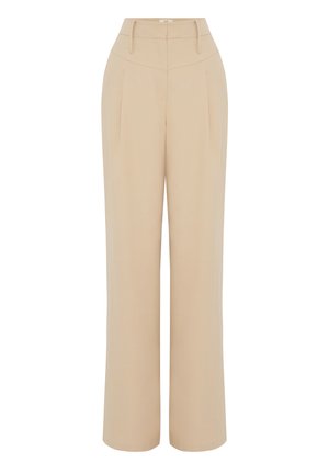Pantalones anchos beige con cintura alta, que presentan pliegues delanteros y lazos para cinturón. Tejido suave con un corte recto y ajustado.