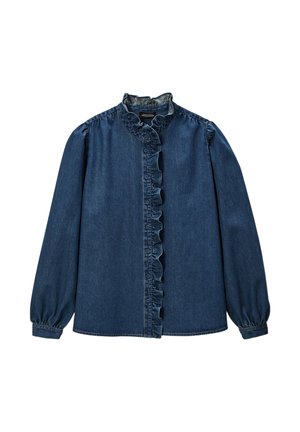 Chemisier en denim bleu foncé avec un col haut, un plastron froncé à l'avant et des manches longues bouffantes. Fermeture à boutons sur le devant.