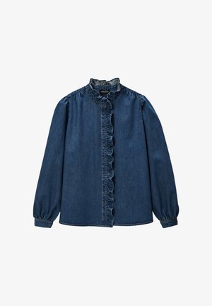 Chemisier en denim bleu foncé avec un col haut, un plastron froncé à l'avant et des manches longues bouffantes. Fermeture à boutons sur le devant.