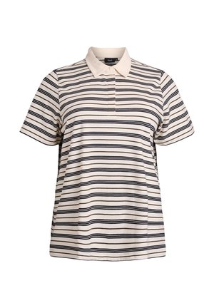 Short-sleeve polo shirt in light beige with horizontal navy stripes. Features a classic collar and three-button placket, soft cotton material.