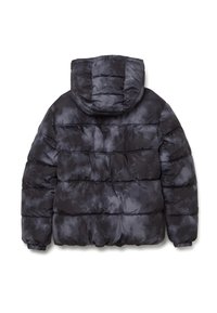 Giacca a vento gonfiabile di colore grigio scuro con una trama melangiata, dotata di cappuccio, design trapuntato e polsini elasticizzati. Tessuto morbido e lucido.