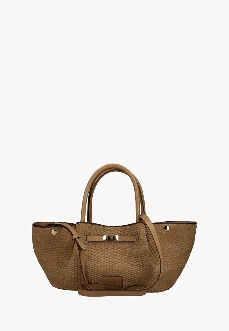 Bolso tejido marrón con asas redondas dobles y una correa de hombro desmontable, con herrajes en tono dorado y superficie texturizada.