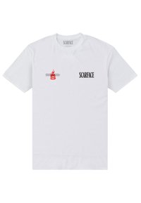Hvid bomulds t-shirt med rød flammegrafik, der har "S" og sort "SCARFACE" tekst. Korte ærmer og rund halsudskæring, glat tekstur.