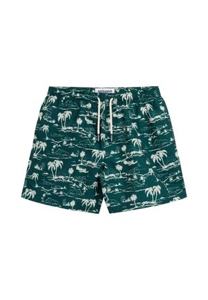 Costume da bagno verde con stampa bianca a tema isola tropicale, palme, vita elastica e coulisse bianca, etichetta del marchio Sebago al centro.