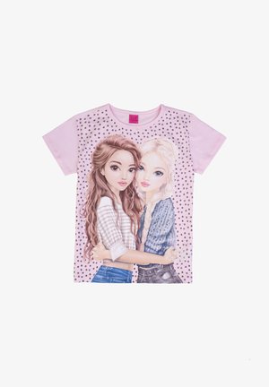 Pink short-sleeve shirt with illustration of two girls hugging, one with long brown hair and striped shirt, the other with blonde braid and blue sweater.