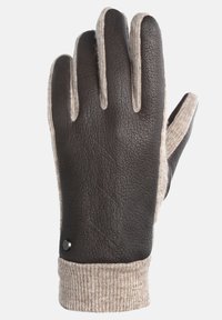 Brun læderhandske med struktureret overflade, beige strikket manschet, og sort accentstud, der har en tæt pasform for hånddækning.