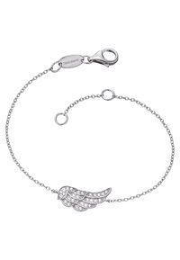 Silverarmband med en vingformad berlock prydd med klara kristaller, avslutat med en lås och justerbara kedjelänkar.