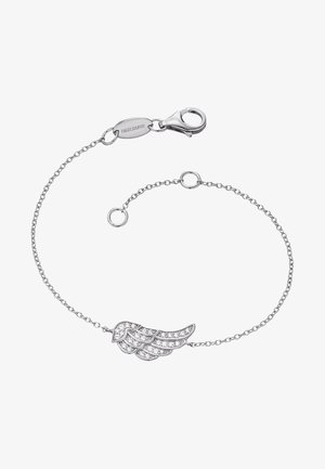 Sølv armbånd med en vingeformet vedhæng prydet med klare krystaller, afsluttet med en lukning og justerbare kædelinker.