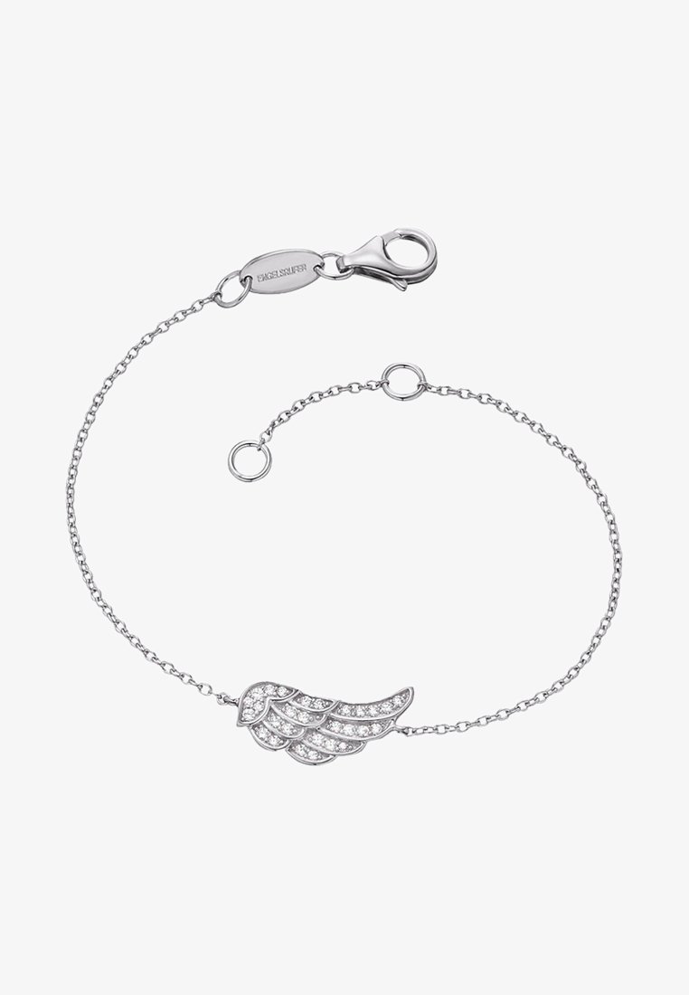 Silverarmband med en vingformad berlock prydd med klara kristaller, avslutat med en lås och justerbara kedjelänkar.