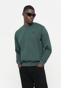 Groene sweatshirt van zacht materiaal, met een ronde hals en lange mouwen. Een klein zwart label is op de bovenborst genaaid.