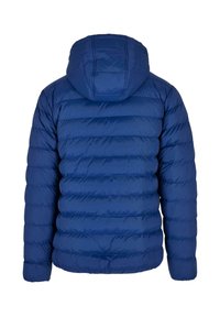 Blå puffjacka med horisontell quiltad mönster, fastsvetsad huva och elastiska ärmslut. Slät textur och lätt design som är lämplig för kallt väder.