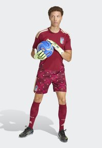 Muški nogometni golman u bordo Italijanskom dresu drži plavu loptu, nosi rukavice, stoji na bijeloj pozadini i gleda ulijevo.