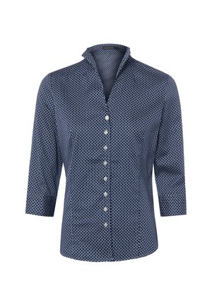 Marineblaue Bluse mit weißem, verbundenem ovalem Muster, Knopfleiste vorne, Dreiviertelärmeln und Stehkragen.