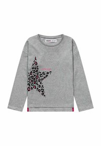 Graues Langarmshirt mit einem großen rosa und schwarzen Leopardenmuster-Stern-Design und dem Text "LITTLE STAR". Aus weichem Baumwollmaterial.