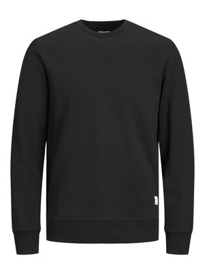 Black sweatshirt made of soft fabric with a crew neckline. Features long sleeves, ribbed cuffs, and a small logo tag at the hem.