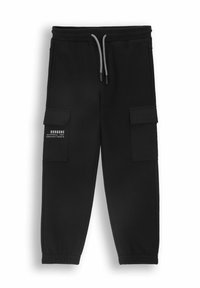 Czarne dresy wykonane z mieszanki bawełny, z dwiema kieszeniami cargo, elastycznym pasem z ściągaczem oraz nadrukowanym tekstem.